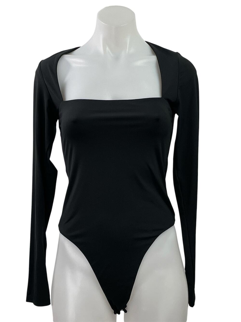 Qinsen Black Long Sleeve Square Neck Stretch Thong T Shirt Bodysuit Top Size S/M